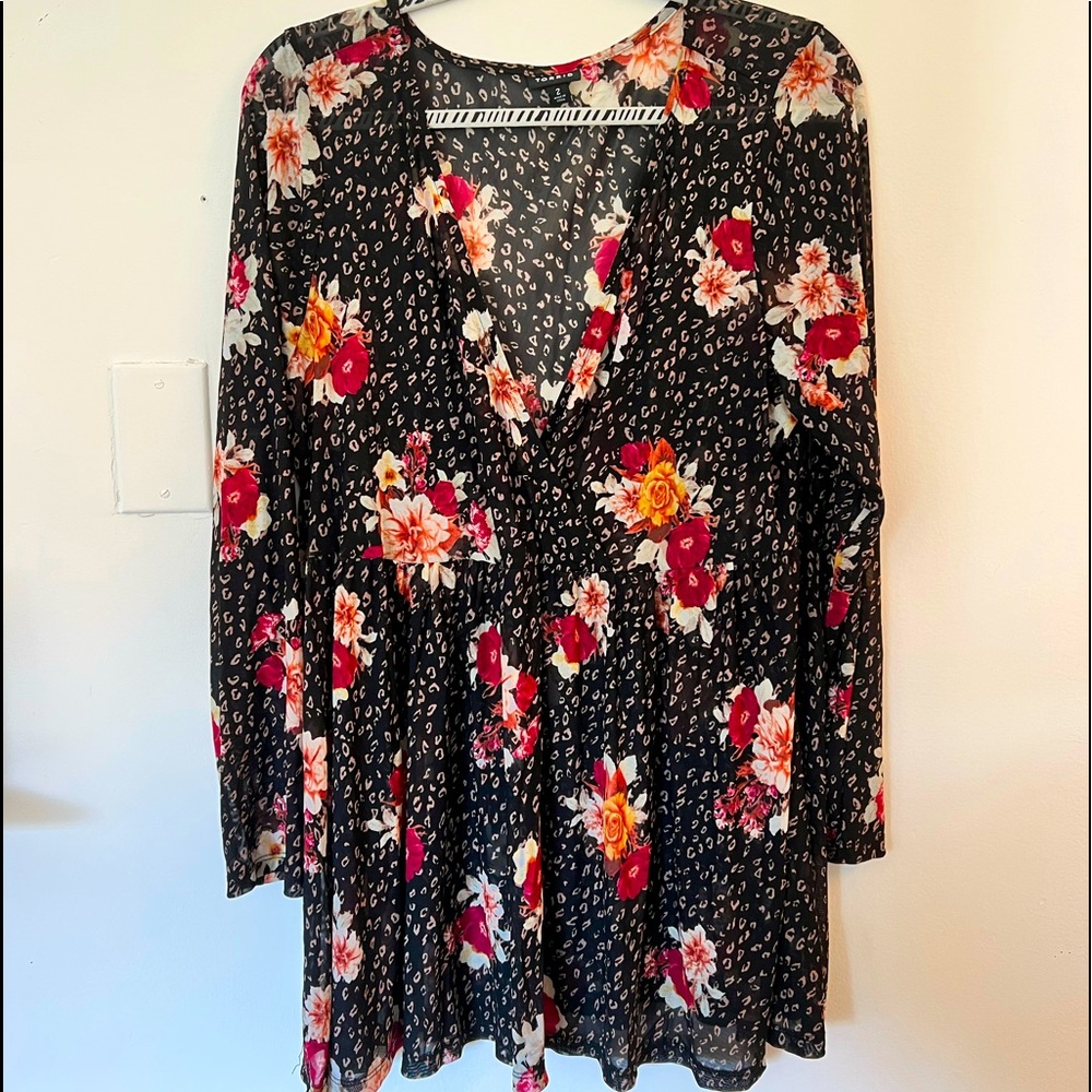Mesh floral and leopard wrap top